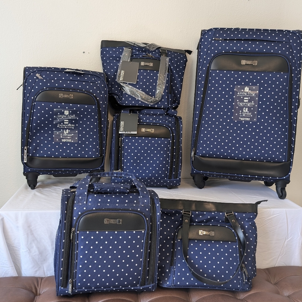 nWT 6 pc Kenneth Cole reaction blue white dot luggage set
